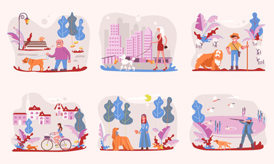 People walking with different breeds of dogs 