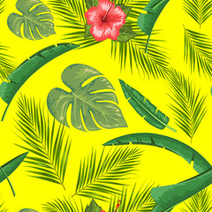 Fototapeta na wymiar Exotic abstract vector jungle or tropical leaf and flower seamless pattern. Vector illustration. Green leaf and yellow background.