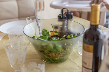 Salad in a large transparent bowl