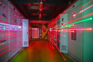 Light on at Electrical selector switch,button switch,Electrical switch gear at Low Voltage motor control center cabinet in coal power plant at night.