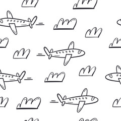 Plane and cloud seamless pattern. Vector hand drawn illustration.