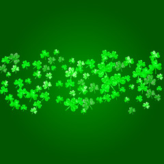 Saint patricks day background with shamrock. Lucky trefoil confetti. Glitter frame of clover leaves. Template for gift coupons, vouchers, ads, events. Decorative saint patricks day backdrop.