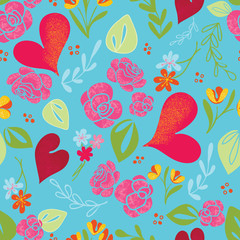 Blue Hearts & Roses Seamless Vector Pattern