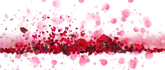 Valentines day banner of red rose buds and flying petals with butterflies, arranged on a line, in front of sparkling glitter and circular bokeh shapes.