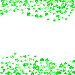 Clover background for Saint Patricks Day. Lucky trefoil confetti. Glitter frame of shamrock leaves. Template for party invite, retail offer and ad. Greeting clover background.