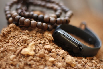 wooden beads on white background