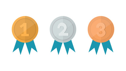 Champion gold, silver and bronze award medals with blue ribbons isolated on white background