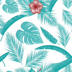 Fototapeta na wymiar Exotic abstract vector jungle or tropical leaf and flower seamless pattern. Vector illustration. Blue leaf and white background.