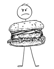 Cartoon stick figure drawing conceptual illustration of angry man holding big burger or hamburger.
