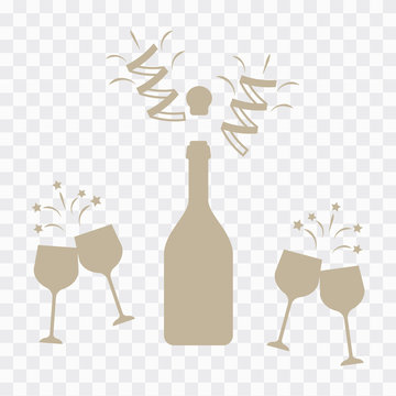 Champagne bottle vector explosion. Toast vector champagne glasses icon