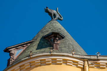 The cat sculpture on the roof of Cat House in Riga, Latvia.