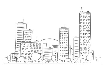 Cartoon vector drawing of cityscape landscape, modern high residential or commercial buildings.