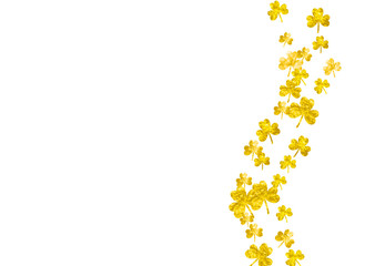 St patricks day background with shamrock. Lucky trefoil confetti. Glitter frame of clover leaves. Template for special business offer, banner, flyer. Irish st patricks day backdrop