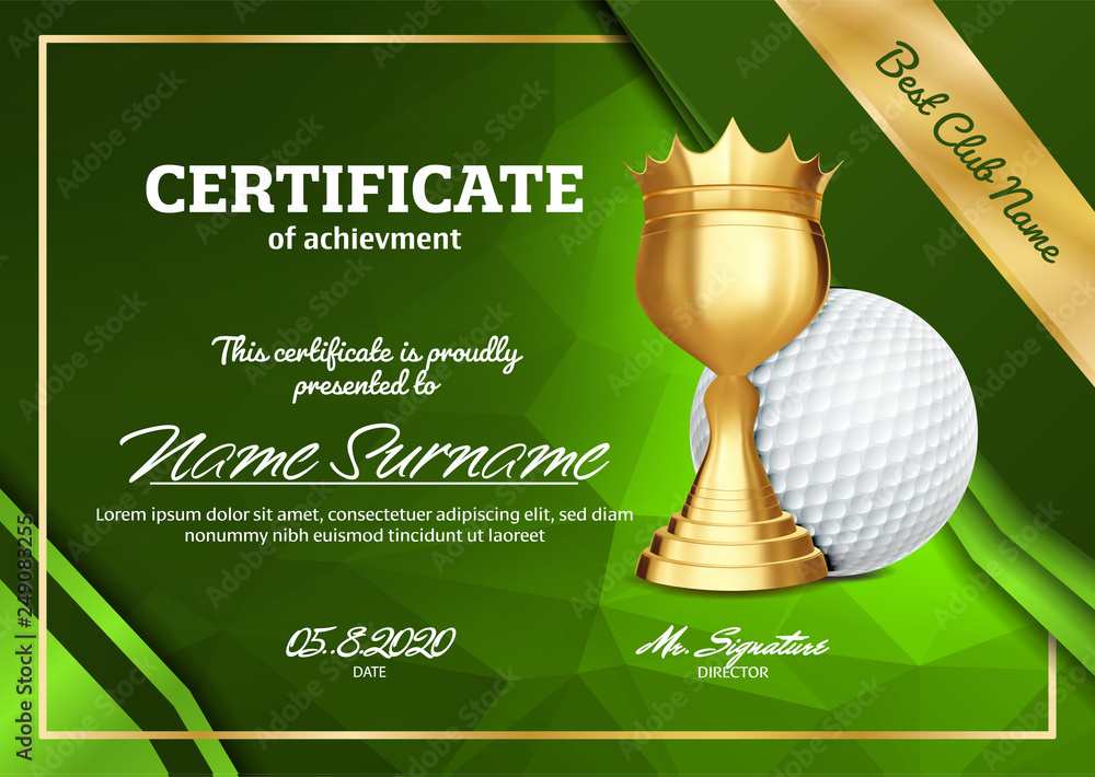 Sticker golf certificate diploma with golden cup vector. sport graduation. elegant document. luxury paper. a