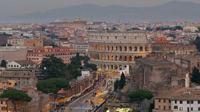 View of Colosseum, shot from Terrazza delle Quadrighe in Rome, Italy. 4K