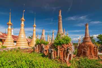 Buddhist stupas of Shwe Inn Thein Paya, pagoda complex, Inthein, Indein, Shan State, Myanmar.