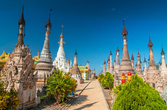 Kakku pagodas are nearly 2500 beautiful stone stupas hidden in a remote area of Myanmar near the lake Inle. This sacred place is on the territory of the PaO people. Shan state, Myanmar.