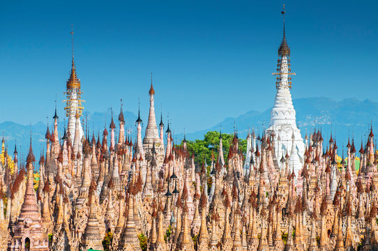 Kakku pagodas are nearly 2500 beautiful stone stupas hidden in a remote area of Myanmar near the lake Inle. This sacred place is on the territory of the PaO people. Shan state, Myanmar.
