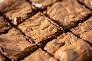 Chocolate brownies close up shot shallow depth of field diagonal shot