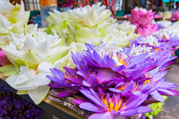 Flowers sold to be used as offerings in front of the Temple of the Tooth Relic in Kandy, Sri Lanka.