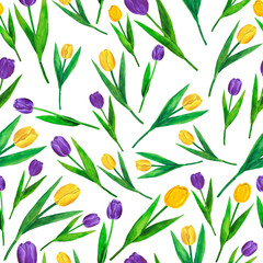 Flowers Tulips Watercolor Seamless Pattern Drawing Digital Paper Illustration Botanical Spring Decorations Greeting Card Design Invitation
