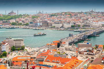 View from the Galata Tower across the Galata Bridge and Golden Horn to Eminonu district, Istanbul,...