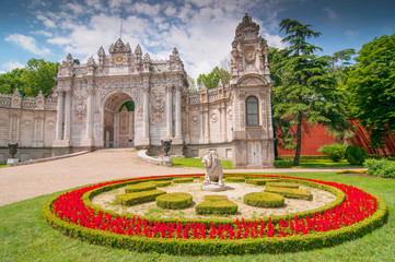 Stone lioness in the garden of Dolmabahce Palace (Dolmabahce Sarayi), Istanbul, Turkey.