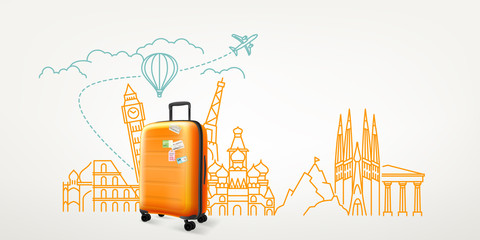 Photoreal suitcase with different travel destination elements. World travel vector concept - obrazy, fototapety, plakaty