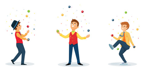 Set of jugglers perform a circus trick. Artist jugging rings,maces and balls.Circus performer.Vector illustration. Cartoon flat style.