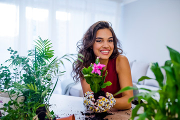 Planting pots. Woman gardening in pots. Plant care. Gardening is more than hobby. Lovely housewife...