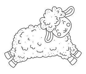 Cute outline doodle sheep jumps. Hand drawn elements