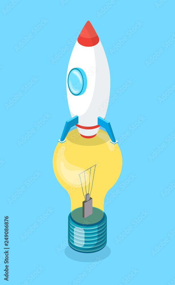 Poster rocket standing on lightbulb, vertically view of objects, colorful spacecraft with circle window and