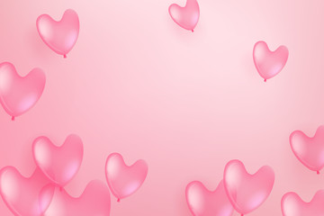 Fototapeta na wymiar Flying pink balloons on pink background. Valentine`s Day and Mother`s Day celebration card template