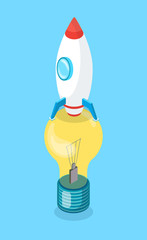 Rocket standing on lightbulb, vertically view of objects, colorful spacecraft with circle window and yellow glass lamp, 3D energy equipment on blue vector. Startup of idea