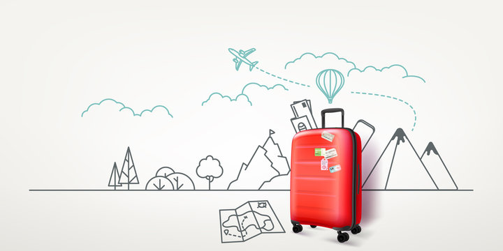 Photoreal red suitcase with cityscape background. World travel vector concept