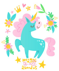 Cute vector poster with cartoon unicorn and lettering 