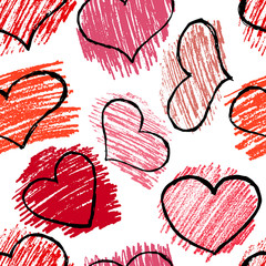 Seamless pattern with red hand drawn hearts