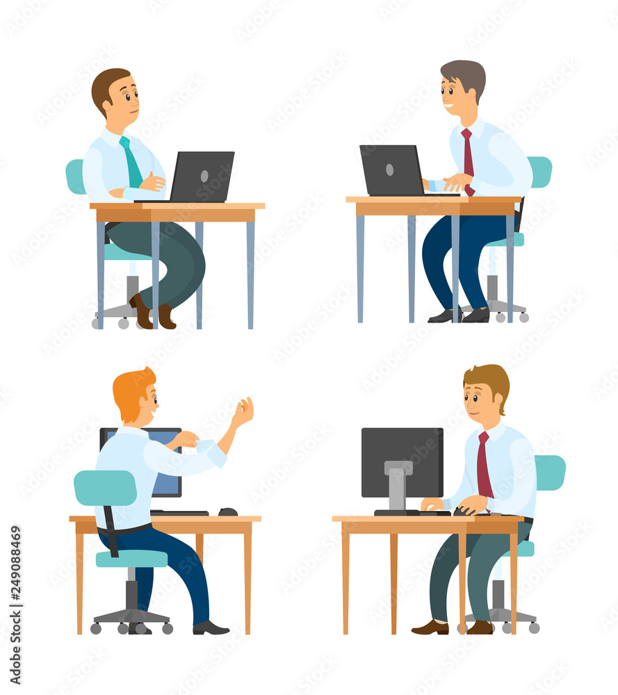 Poster business workers at desktops with laptops vector. office clerks in shirts and ties, typing on comput