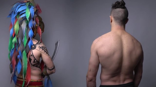 A man before and after the makeup and dressing, tribal ancient warrior