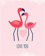 cute love card with pink flamingos and geometric heart