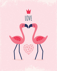 Cute vector greeting card template with coral and blush pink flamingos and geometric love heart. Text reads Love You, for Valentines Day, Wedding, Engagement, poster, menu, invitation. - 249088683
