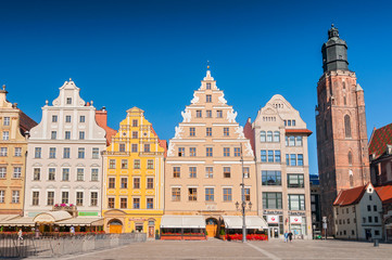 Patrician houses at Wroclaw Market Square and St. Elisabeth's Church, Lower Silesia, Wroclaw (Breslau), Poland.