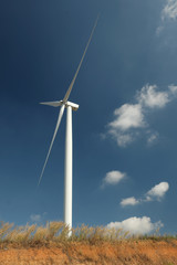 Fototapeta na wymiar Windmill farm with blue sky and clouds