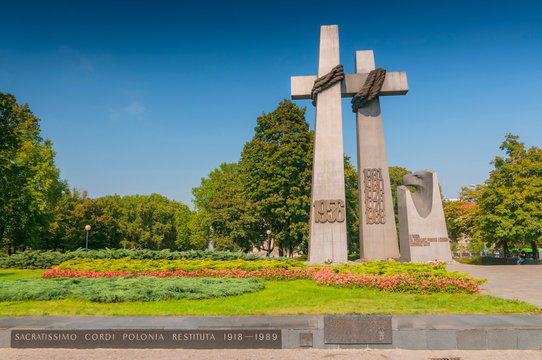 Twin crosses of the monument to the Poznan uprising of June 1956 commemorate the protests against the Communist political system, Poland.