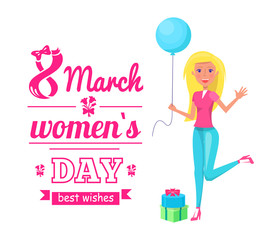Happy woman celebrating 8 march vector. International holiday for women, lady with balloon jumping, poster with greeting text and presents in box