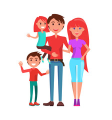 Family mother, father and two kids isolated on white. Vector parents, boy and girl, redhead mom and daughter, brunette son and dad, couple with infants