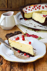 Vanilla cheesecake on chocolate shortbread dough. Cheese pie. Homemade baking