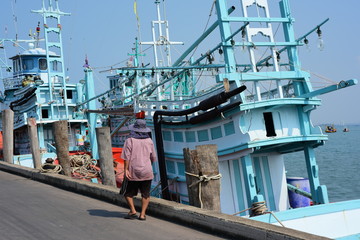 Close-up photos of small fishing boats at the fishing fishing port, Bang Saray Subdistrict,...