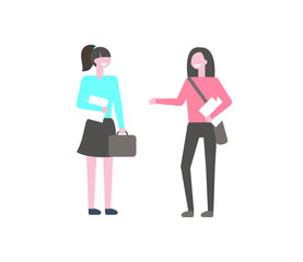 Campus students, two girls with papers and bags isolated on white background. College learners talking, school friends in cartoon style, vector pupils
