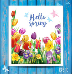 Card with arrangement with multicolor spring flowers